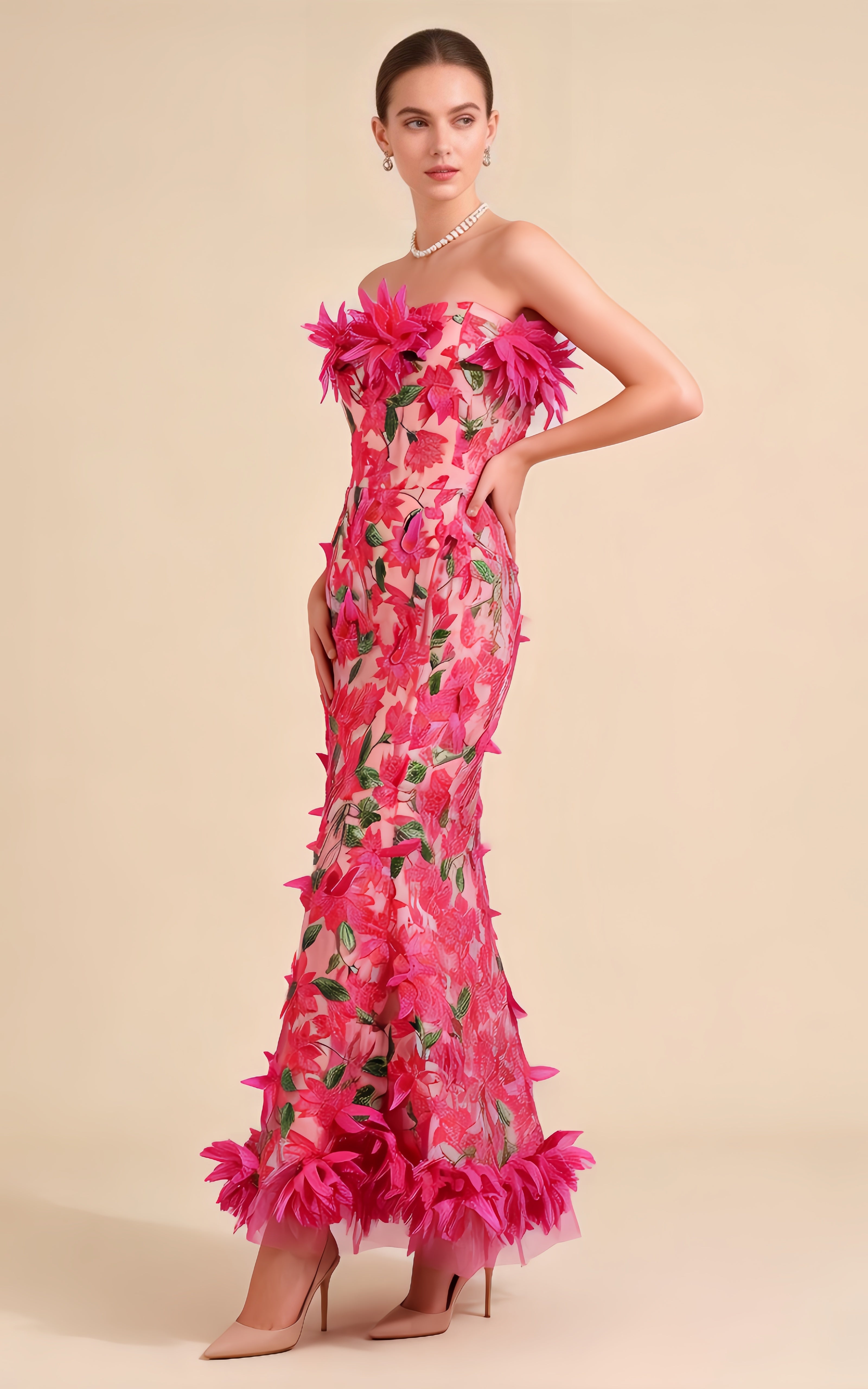 Aspen Magenta 3D Floral Embroidery Maxi Dress