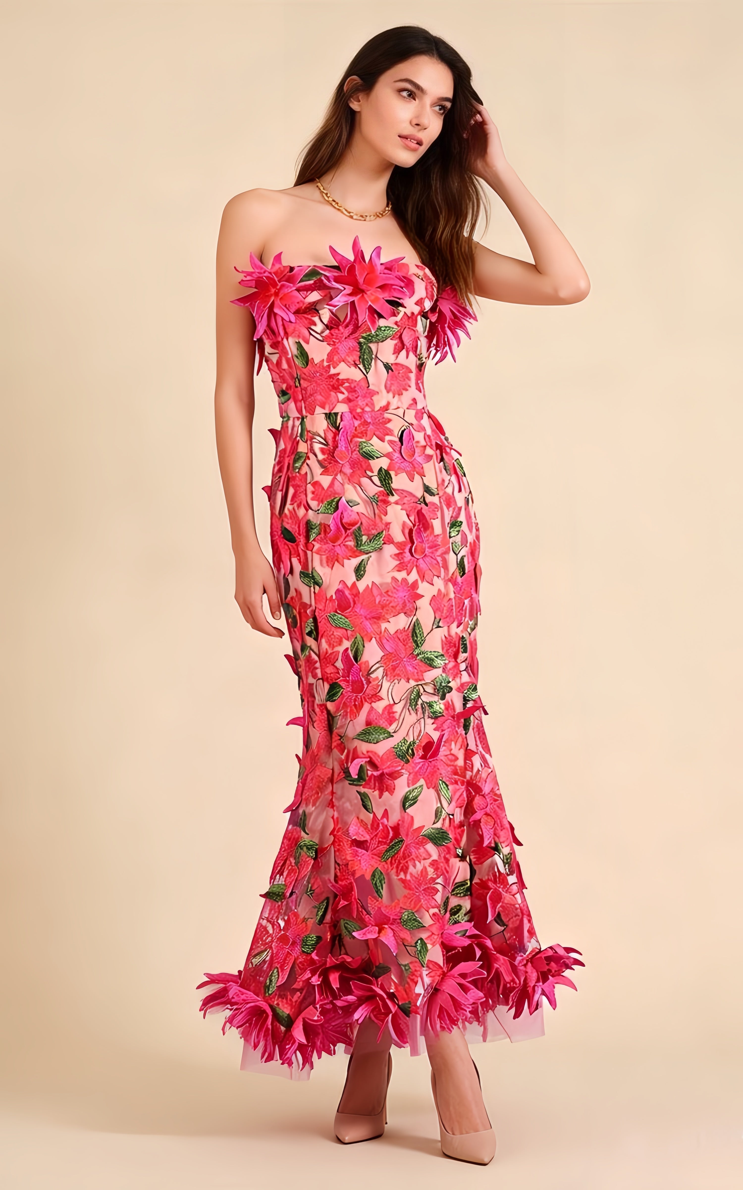 Aspen Magenta 3D Floral Embroidery Maxi Dress