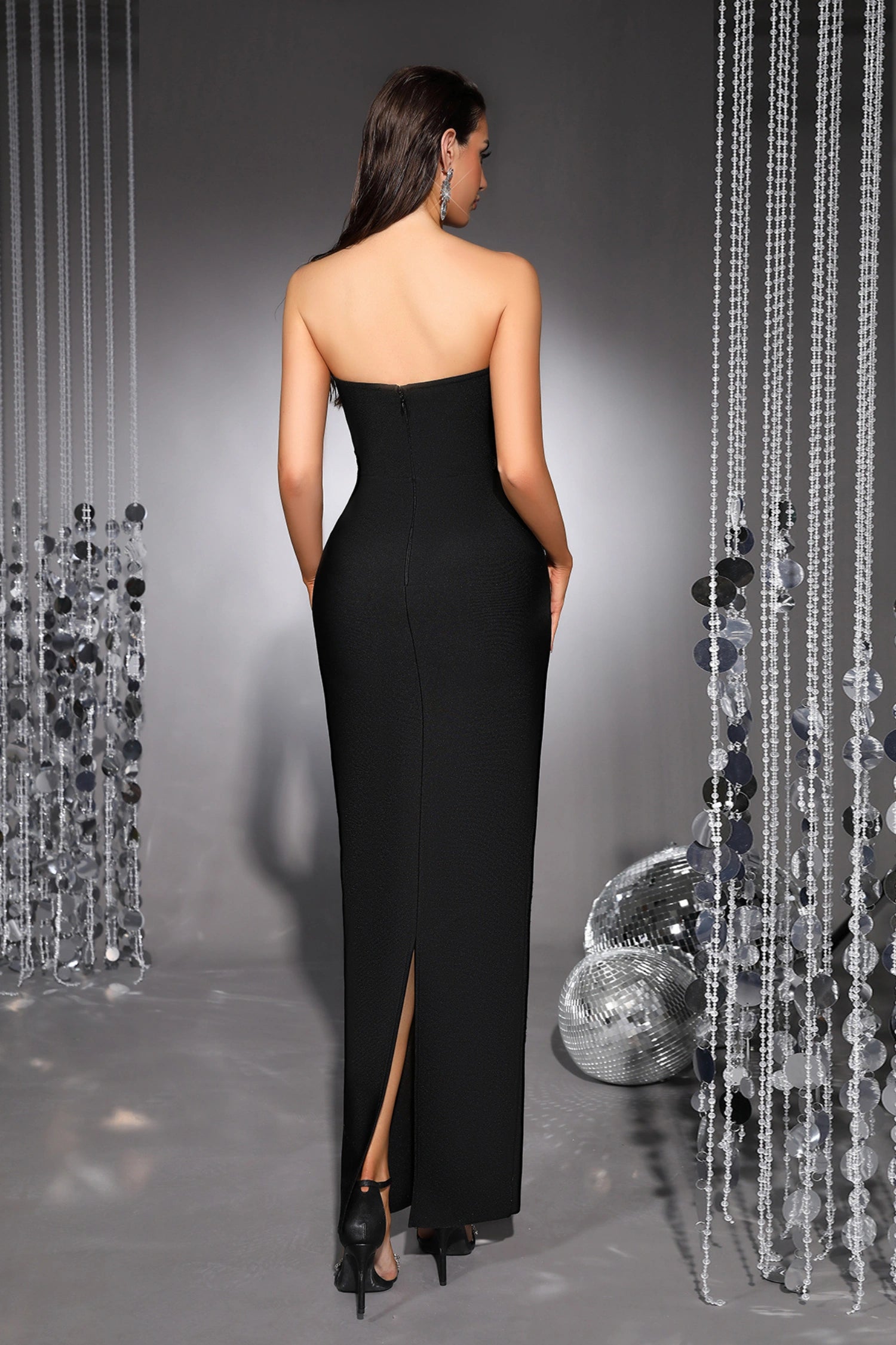 Audrey Black Strapless Rhinestone Bandage Maxi Dress