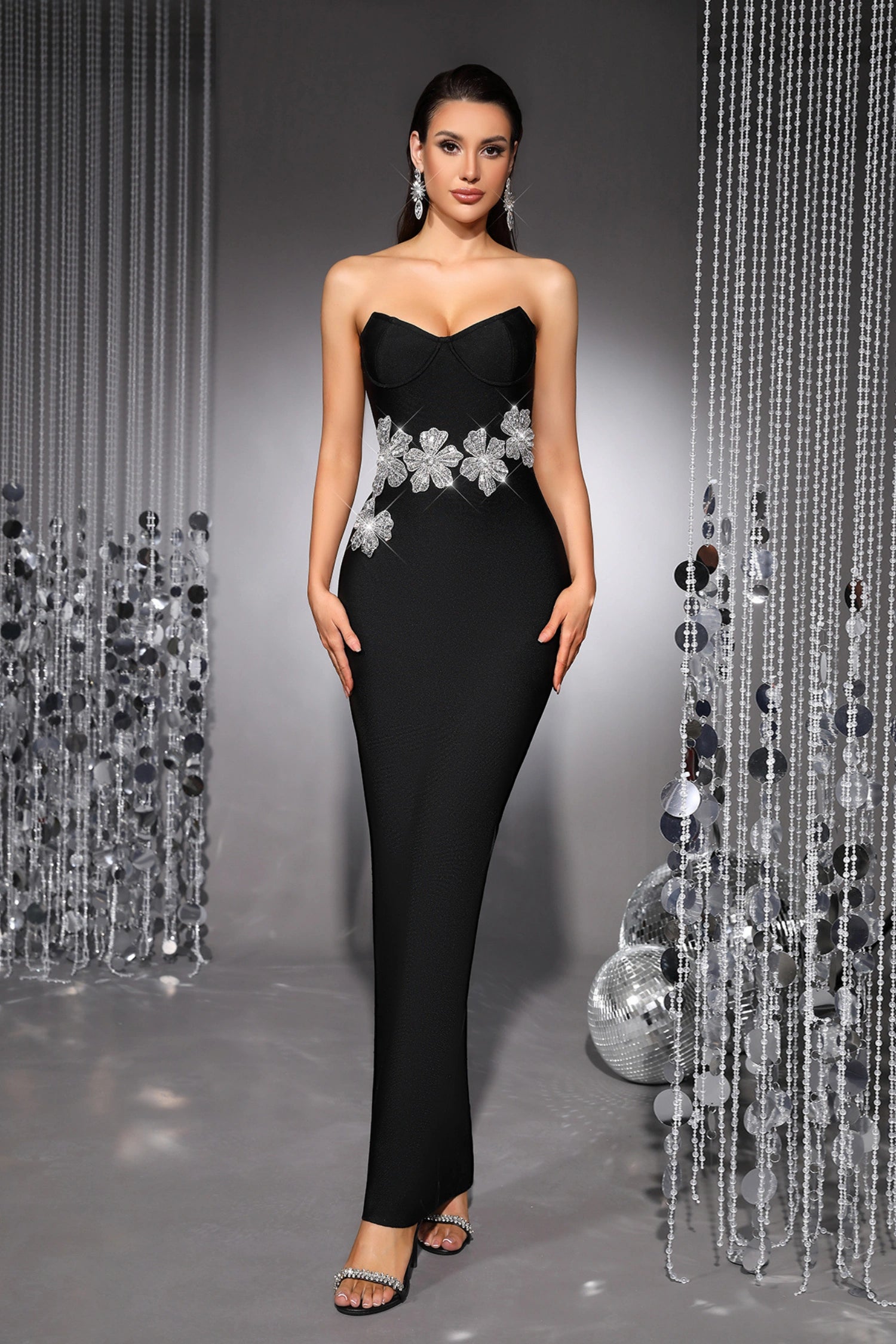 Audrey Black Strapless Rhinestone Bandage Maxi Dress