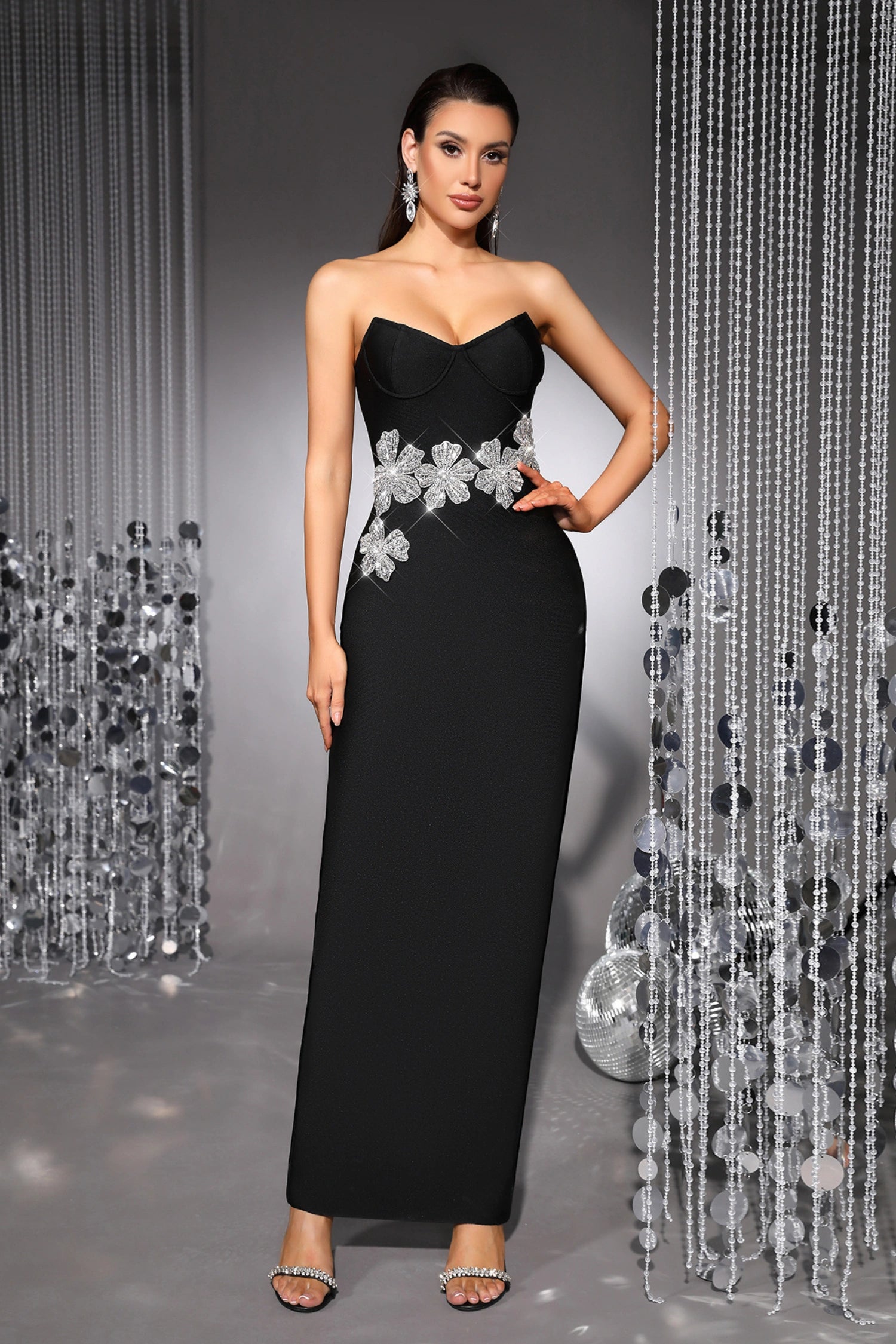 Audrey Black Strapless Rhinestone Bandage Maxi Dress Main image