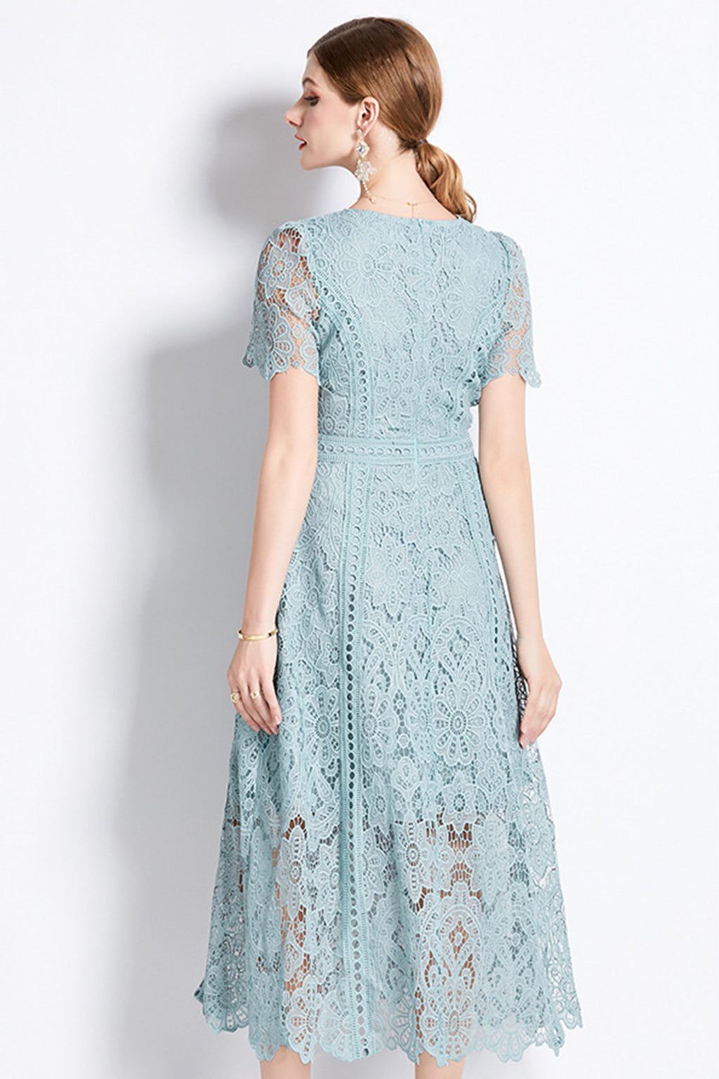 August Bean Green Water-Soluble Lace Midi Dress