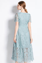 August Bean Green Water-Soluble Lace Midi Dress