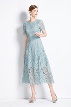August Bean Green Water-Soluble Lace Midi Dress