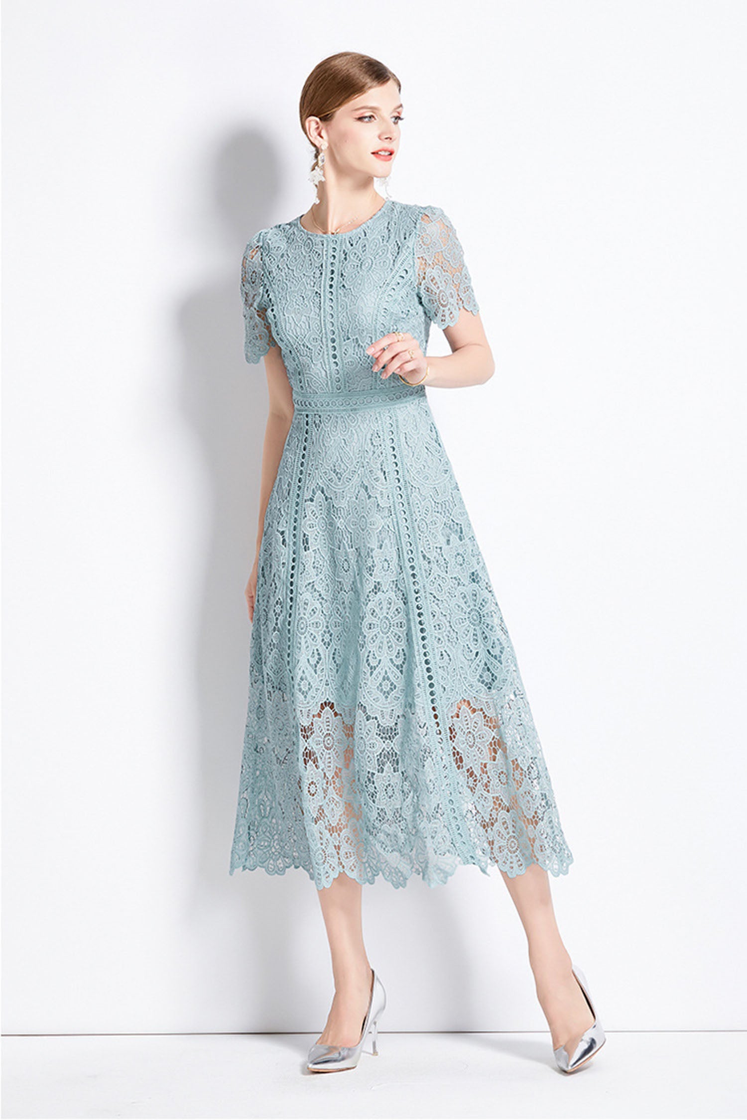 August Bean Green Water-Soluble Lace Midi Dress