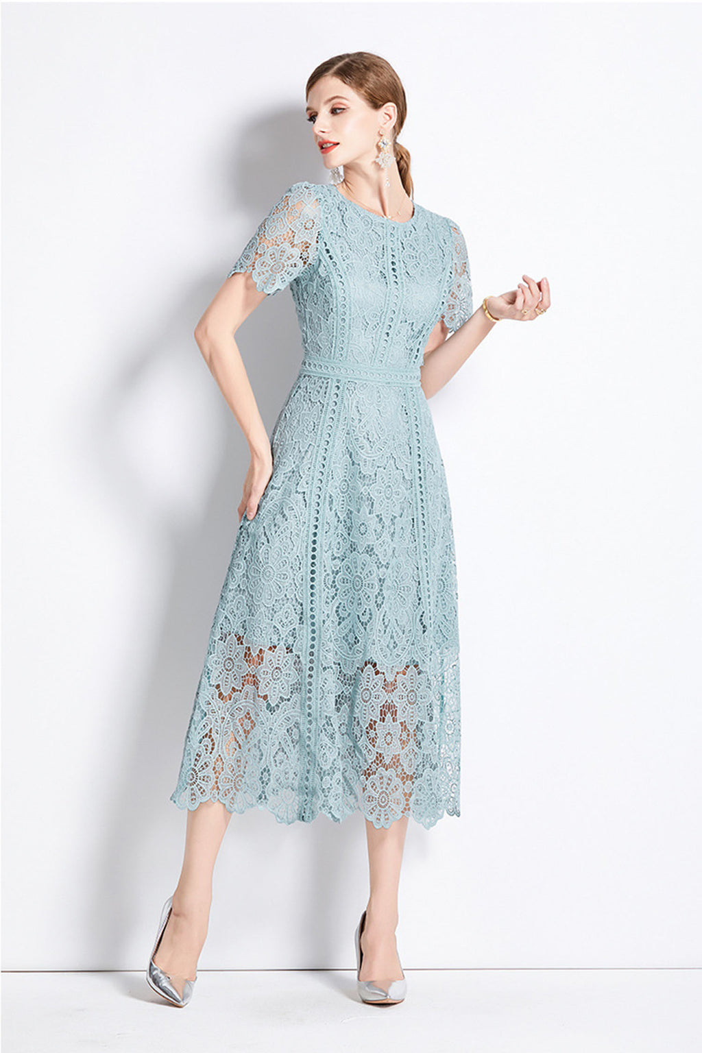 August Bean Green Water-Soluble Lace Midi Dress
