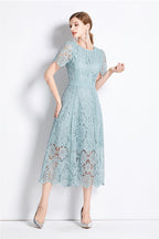 August Bean Green Water-Soluble Lace Midi Dress