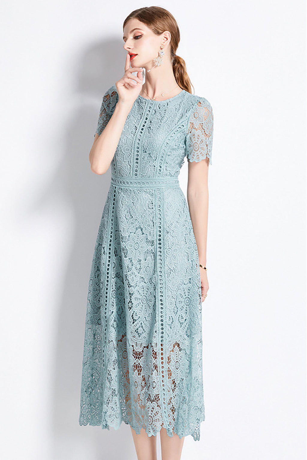 August Bean Green Water-Soluble Lace Midi Dress