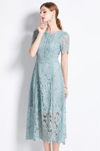 August Bean Green Water-Soluble Lace Midi Dress