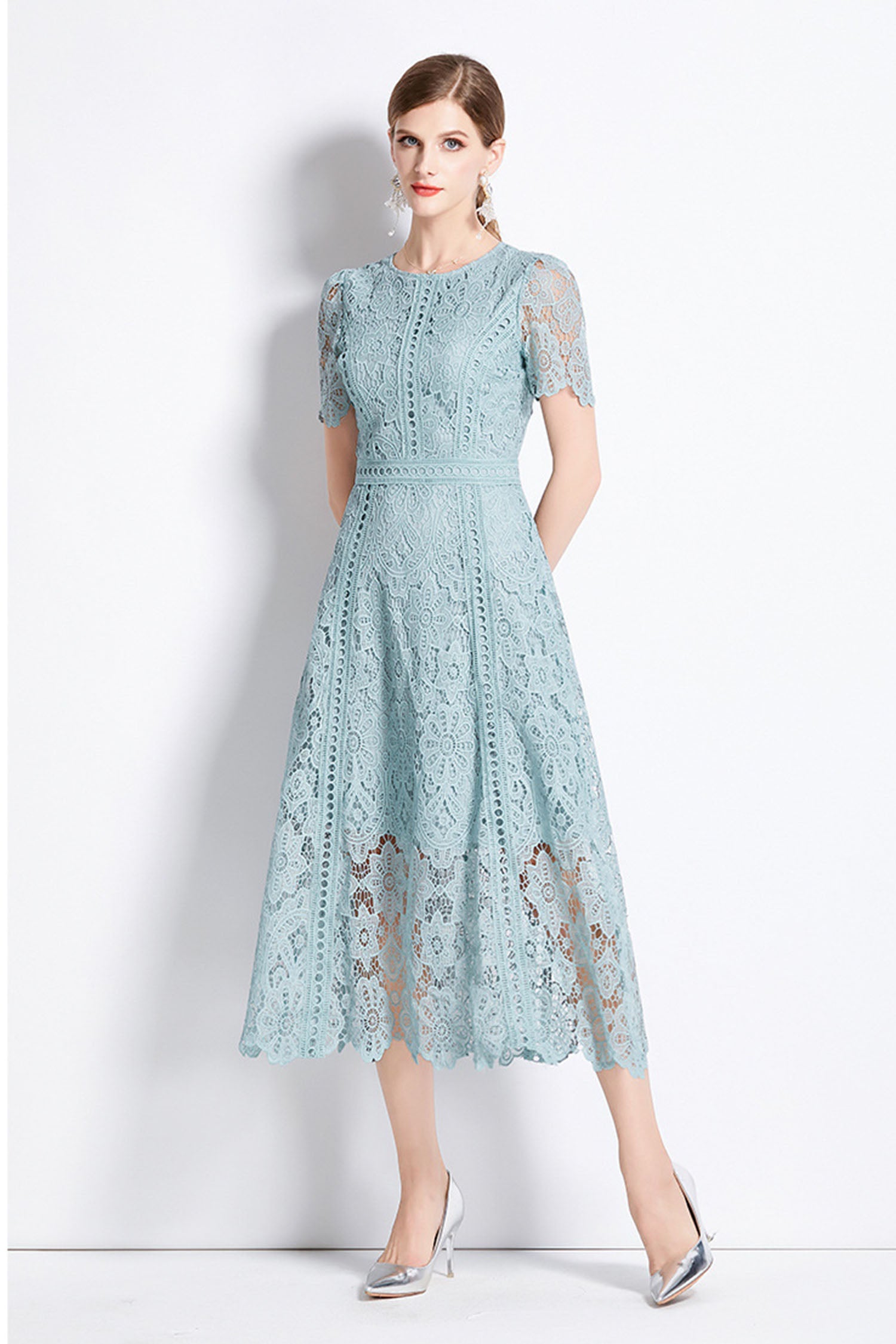 August Bean Green Water-Soluble Lace Midi Dress Main image