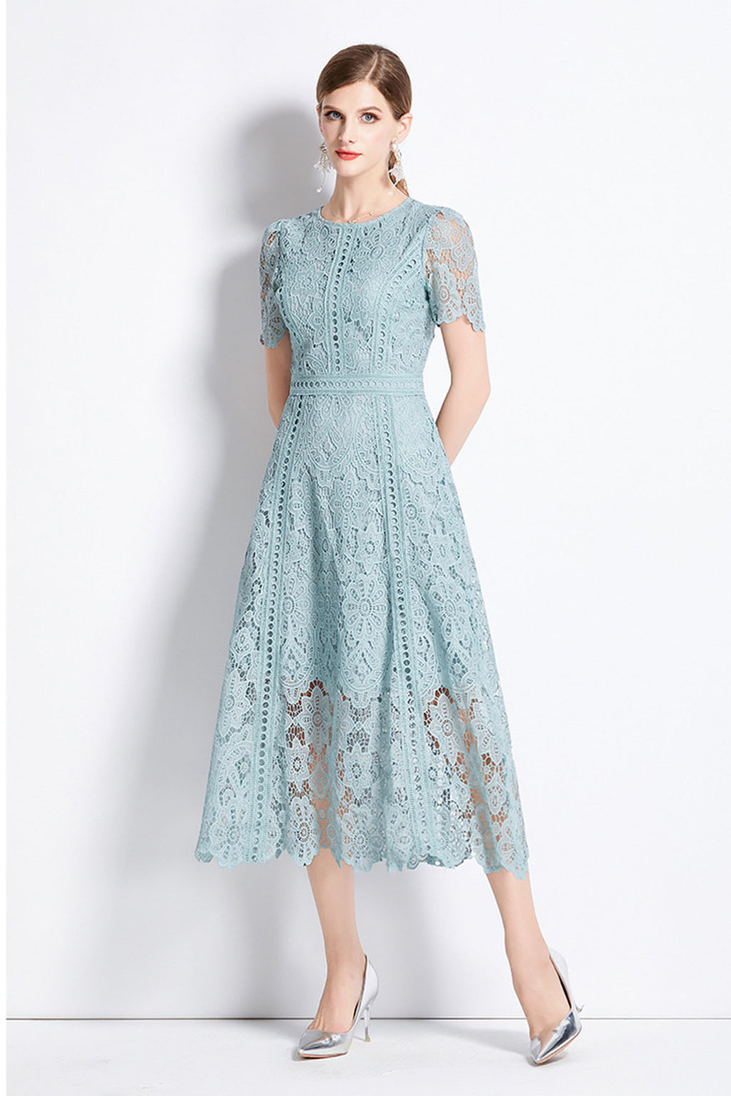 August Bean Green Water-Soluble Lace Midi Dress