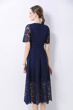August Navy Blue Water-Soluble Lace Midi Dress