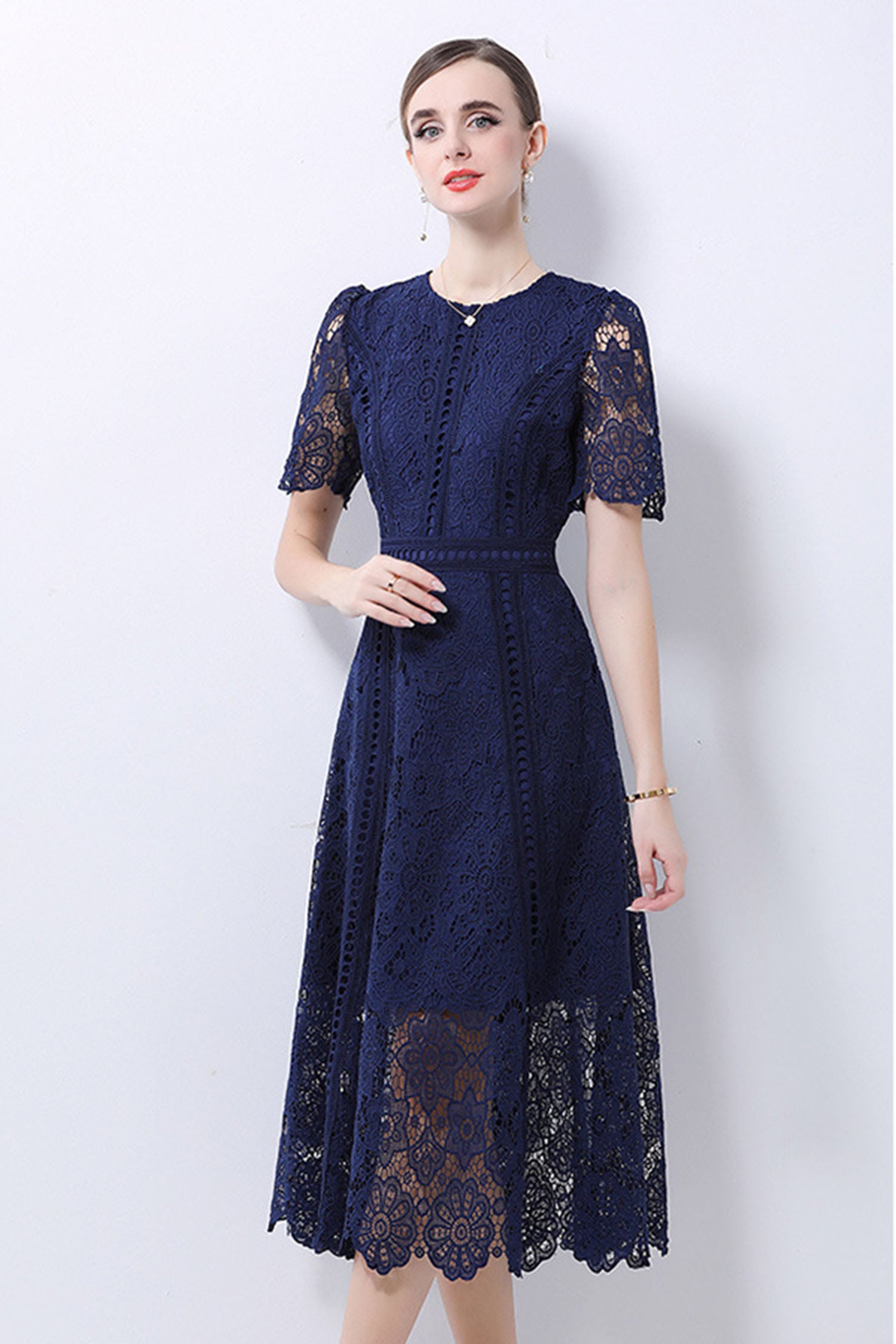 August Navy Blue Water-Soluble Lace Midi Dress Main image