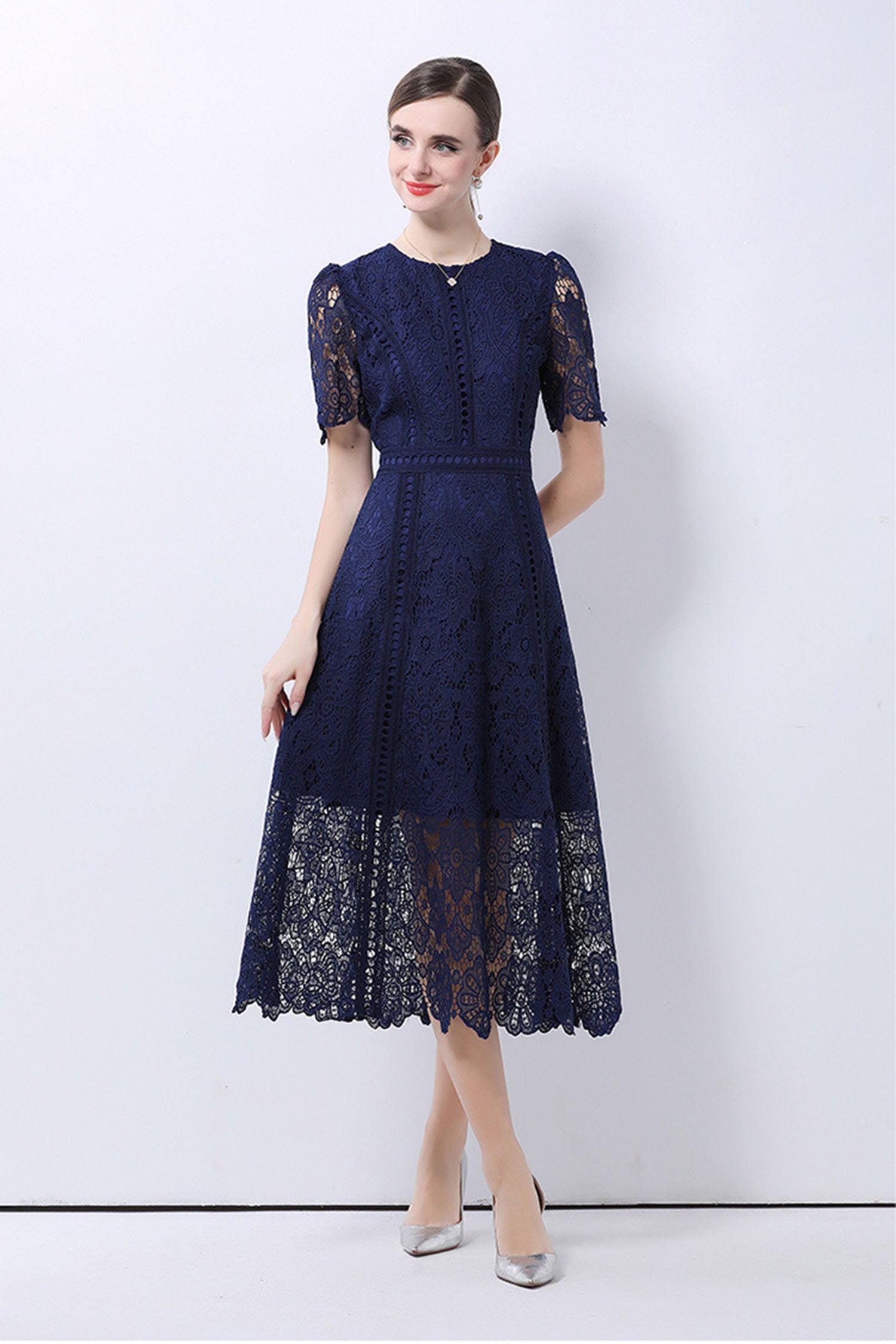 August Navy Blue Water-Soluble Lace Midi Dress Secondary image