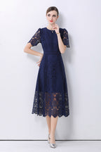 August Navy Blue Water-Soluble Lace Midi Dress