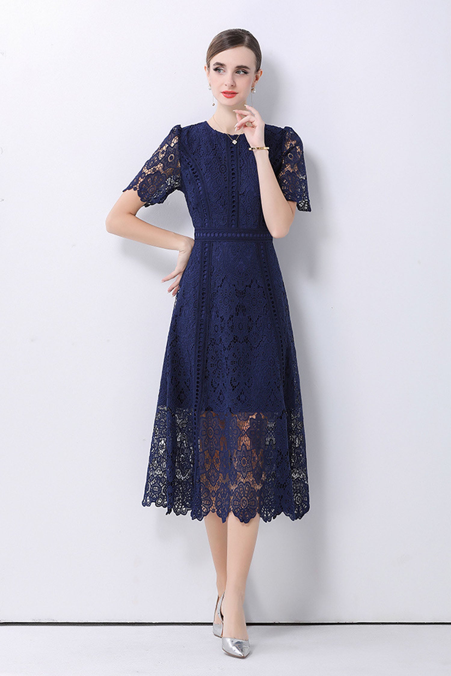 August Navy Blue Water-Soluble Lace Midi Dress