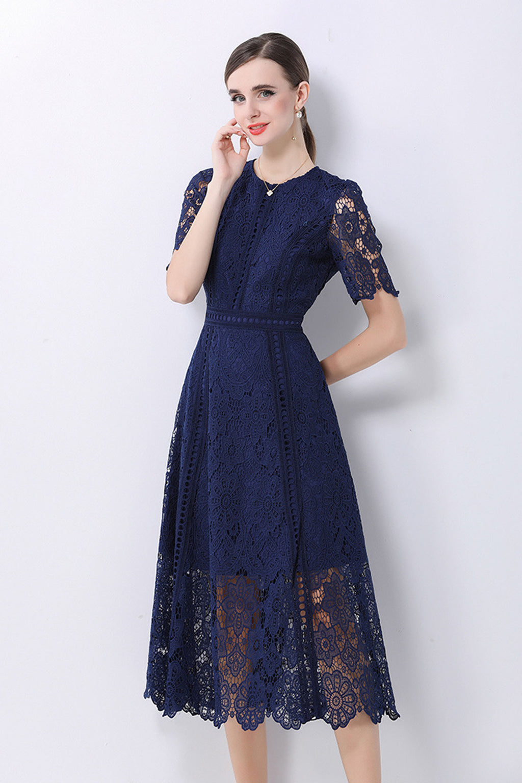 August Navy Blue Water-Soluble Lace Midi Dress