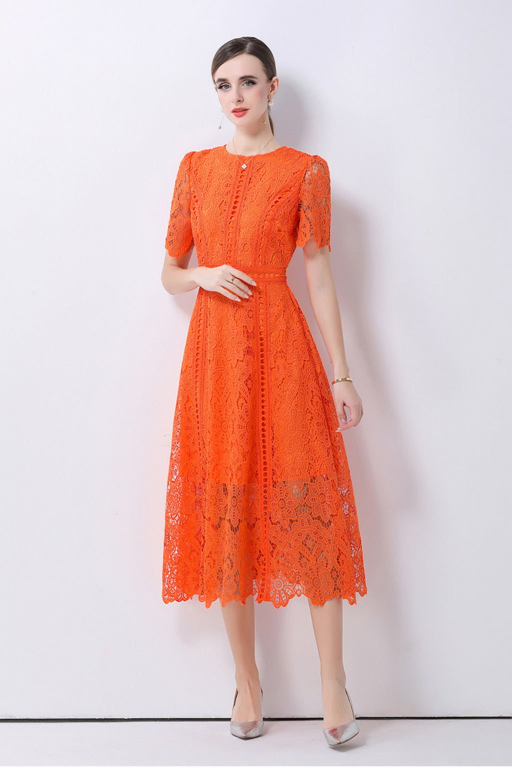 August Orange Water-Soluble Lace Midi Dress
