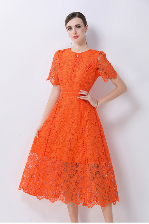 August Orange Water-Soluble Lace Midi Dress