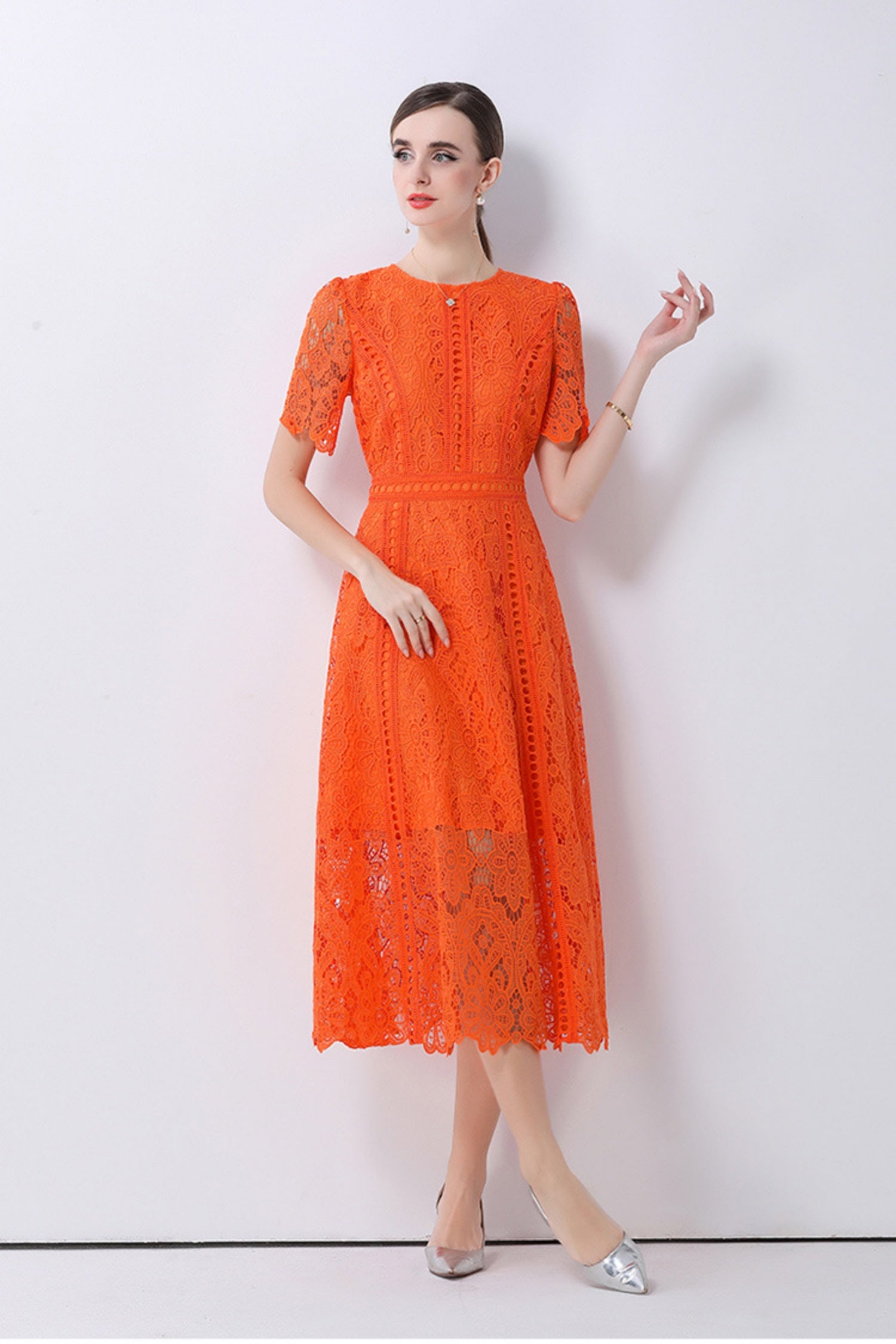 August Orange Water-Soluble Lace Midi Dress