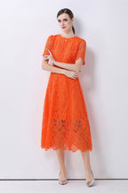 August Orange Water-Soluble Lace Midi Dress