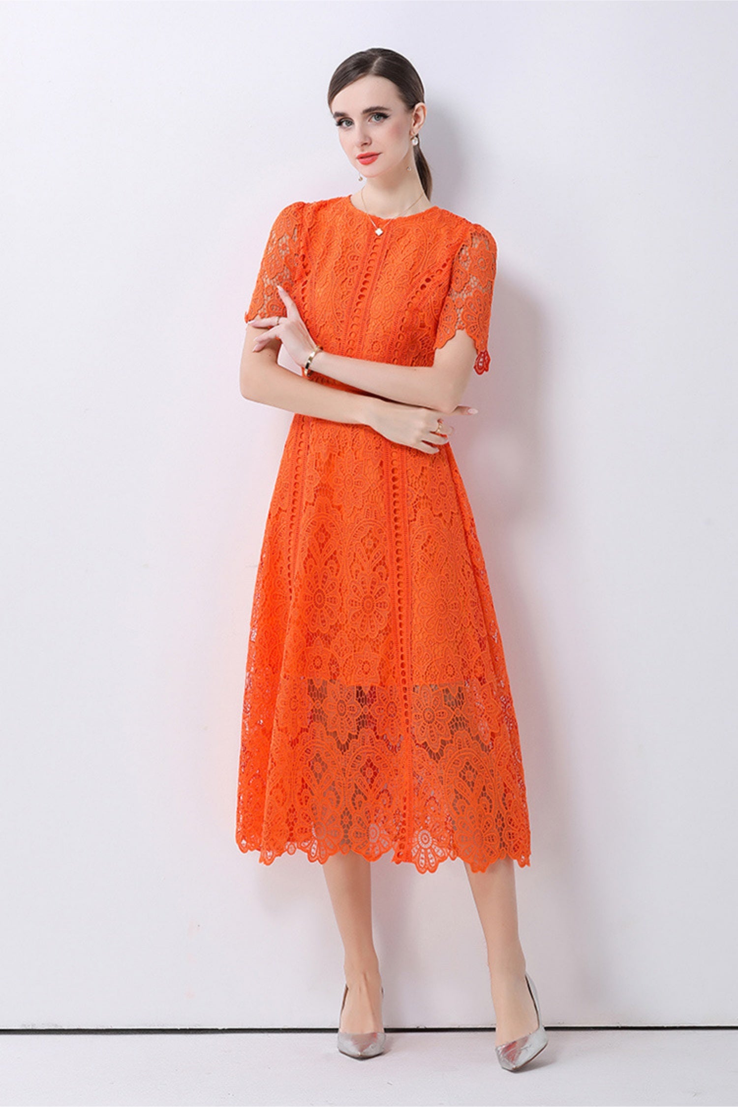 August Orange Water-Soluble Lace Midi Dress