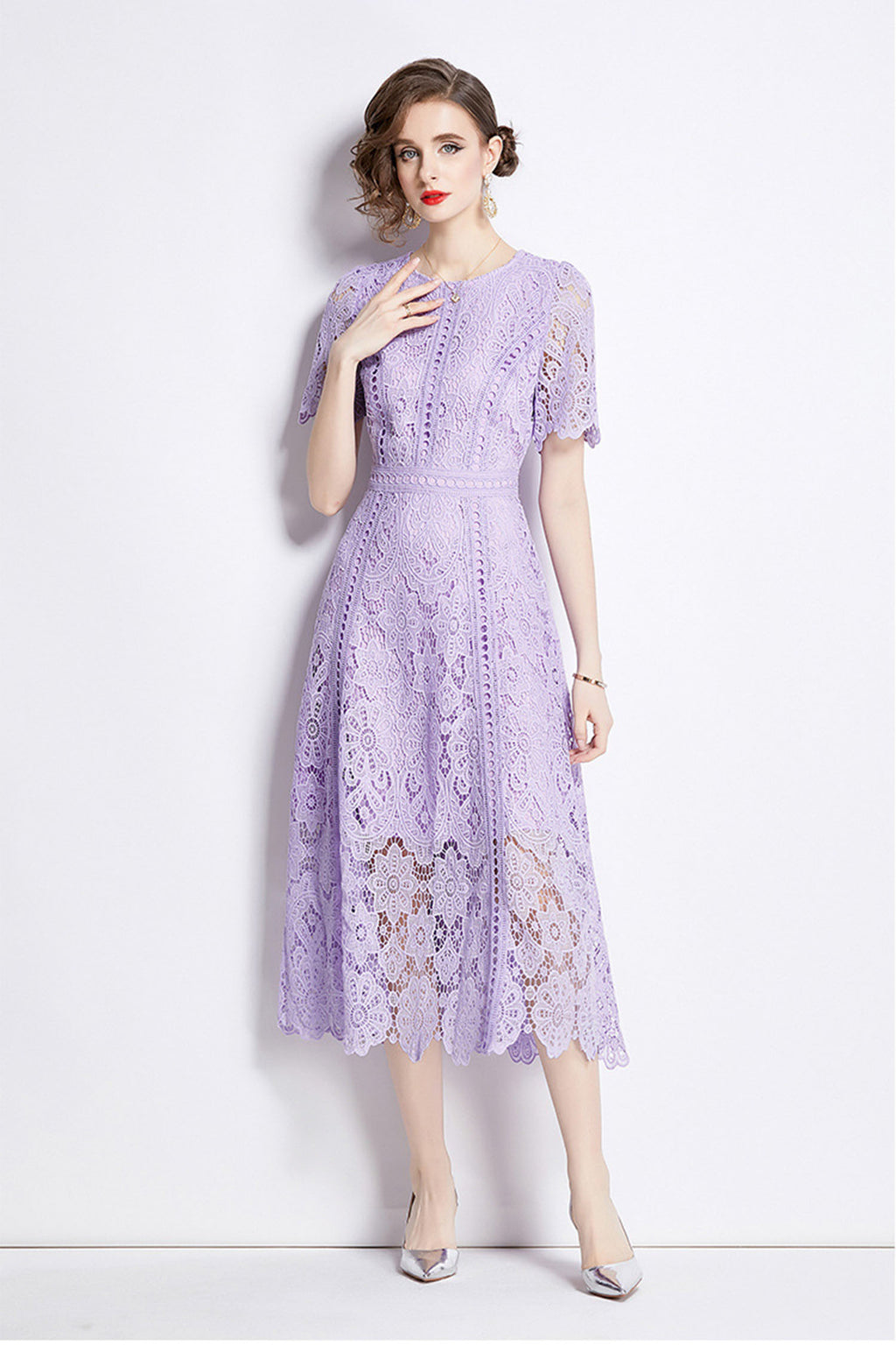 August Purple Water-Soluble Lace Midi Dress