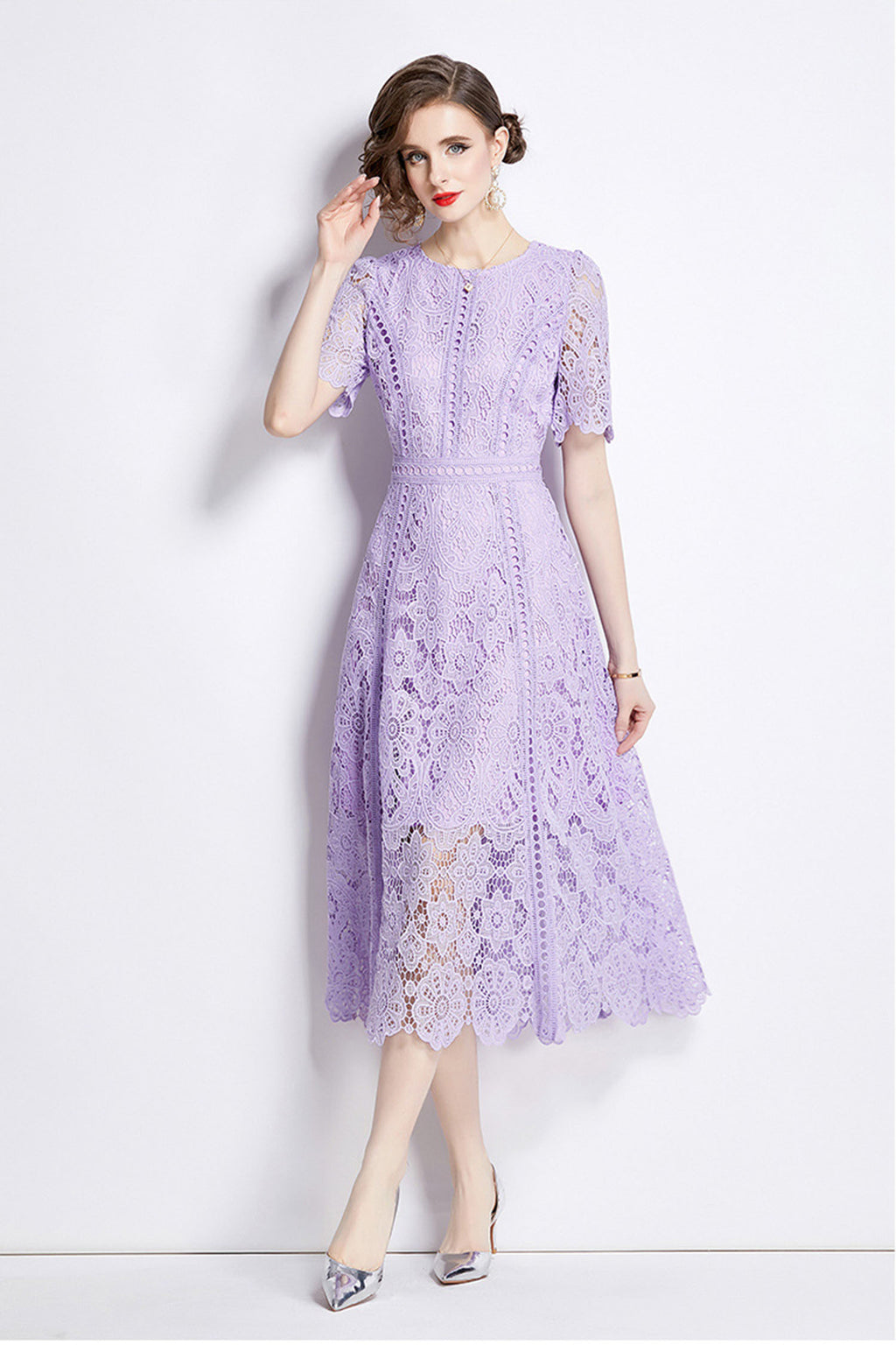 August Purple Water-Soluble Lace Midi Dress
