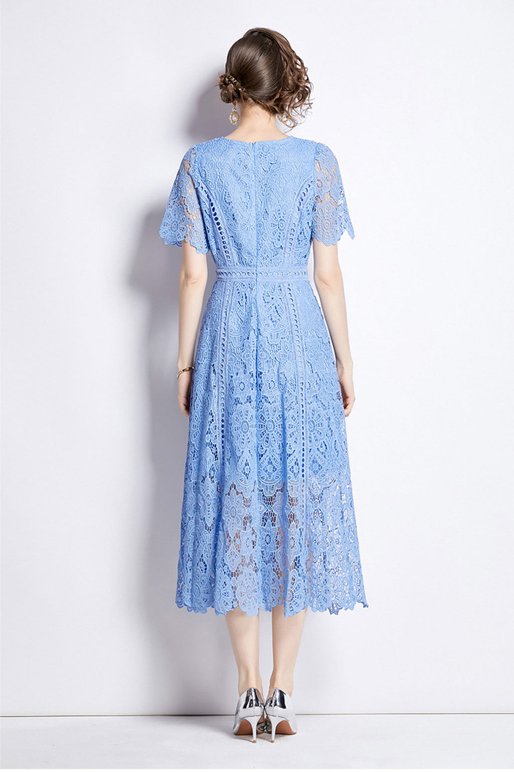 August Sky Blue Water-Soluble Lace Midi Dress