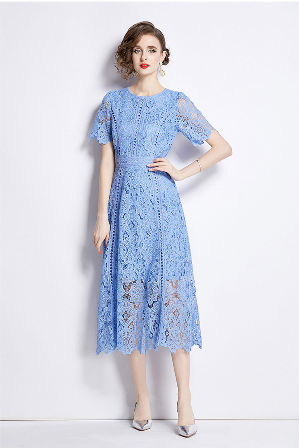 August Sky Blue Water-Soluble Lace Midi Dress