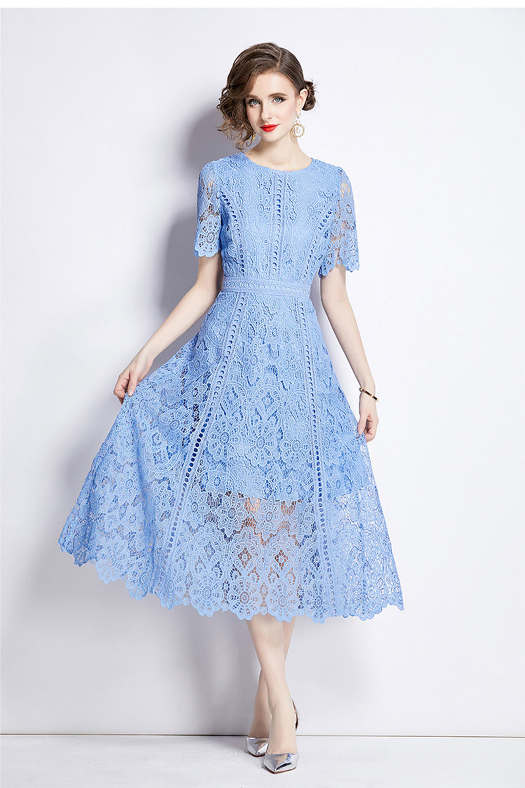 August Sky Blue Water-Soluble Lace Midi Dress