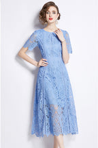 August Sky Blue Water-Soluble Lace Midi Dress
