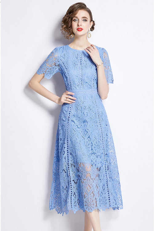 August Sky Blue Water-Soluble Lace Midi Dress