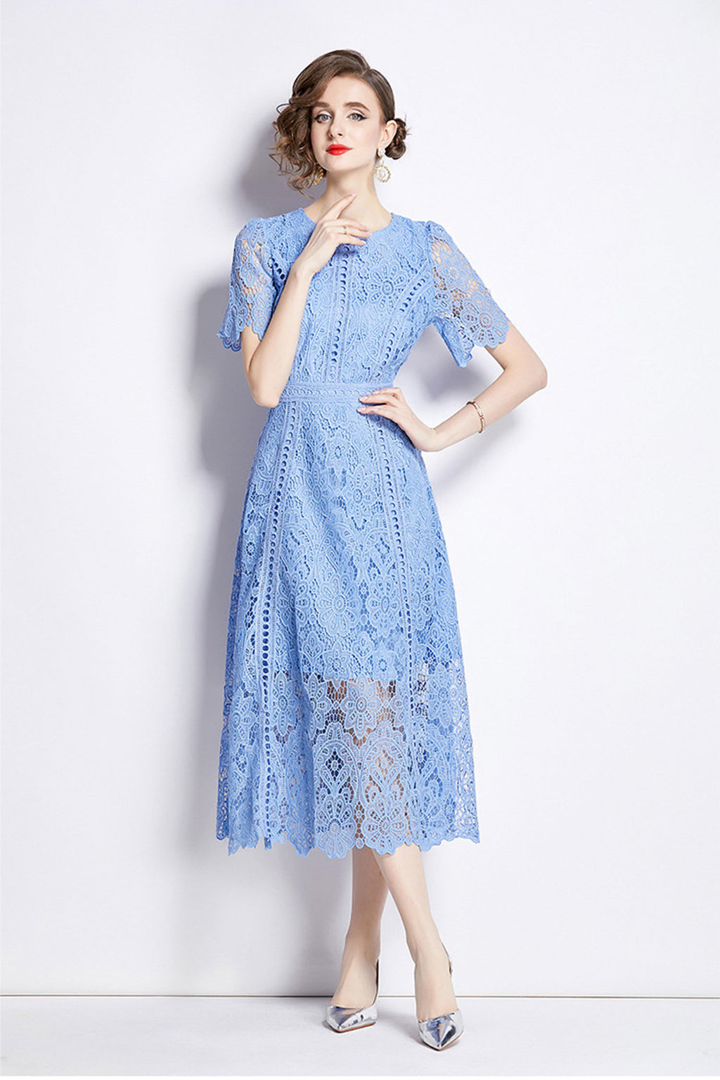 August Sky Blue Water-Soluble Lace Midi Dress