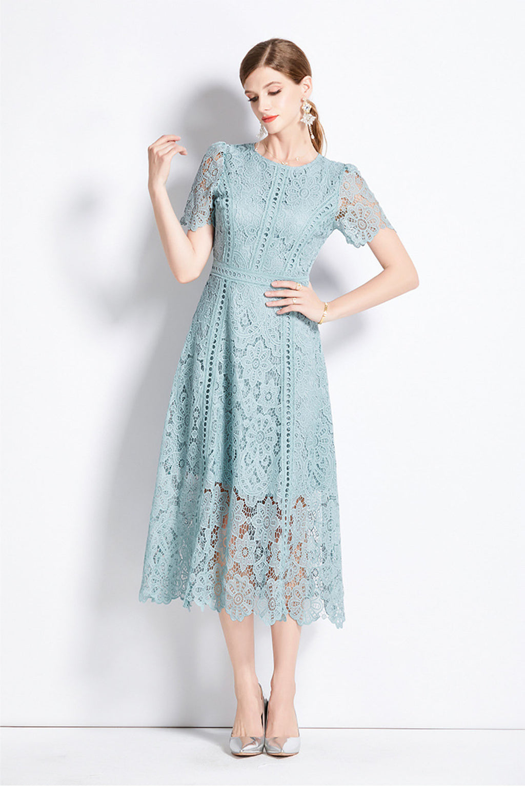 August Bean Green Water-Soluble Lace Midi Dress