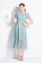 August Bean Green Water-Soluble Lace Midi Dress