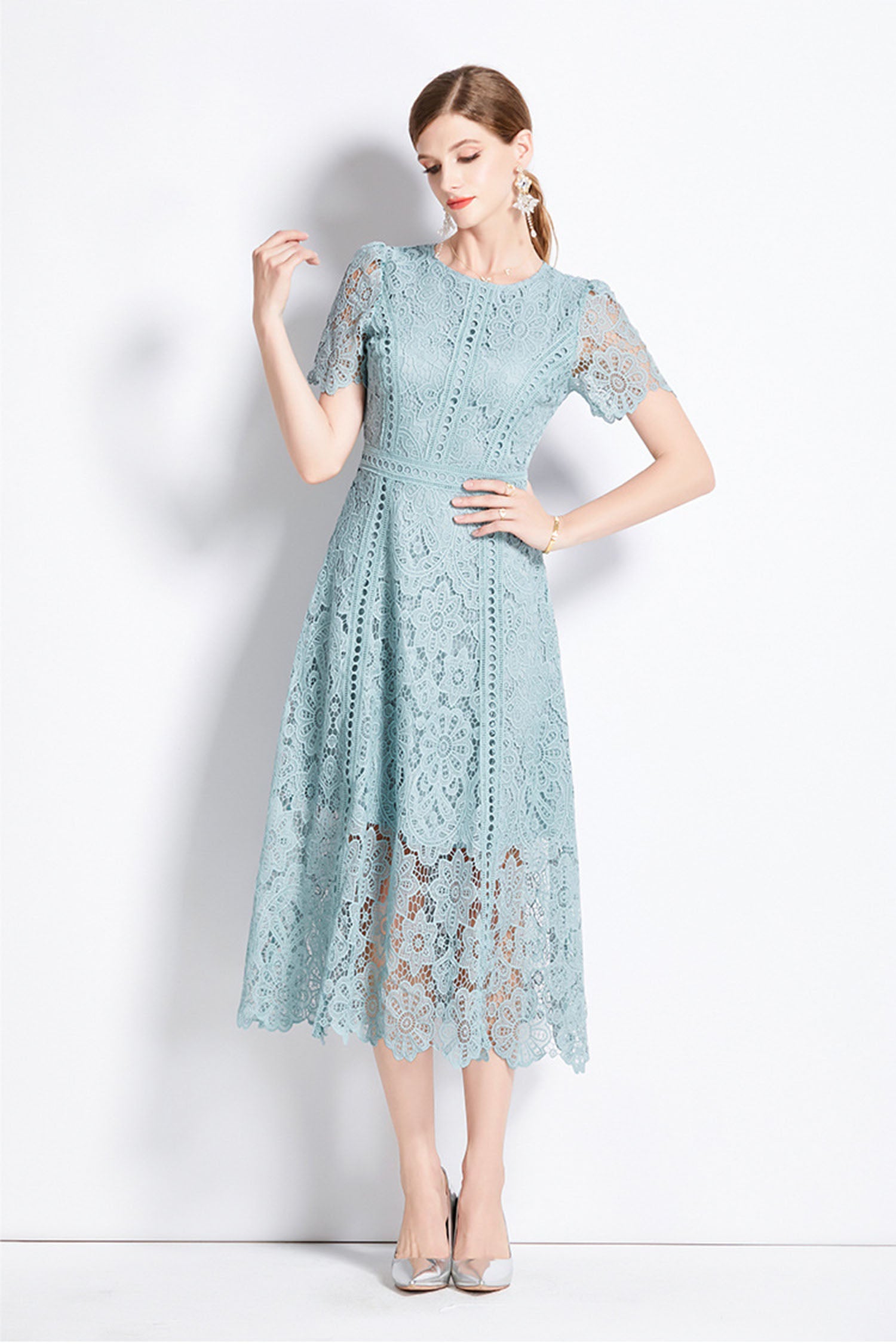 August Bean Green Water-Soluble Lace Midi Dress