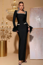 Ava Black Feather Rhinestone Bandage Maxi Dress