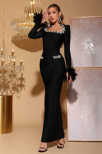 Ava Black Feather Rhinestone Bandage Maxi Dress