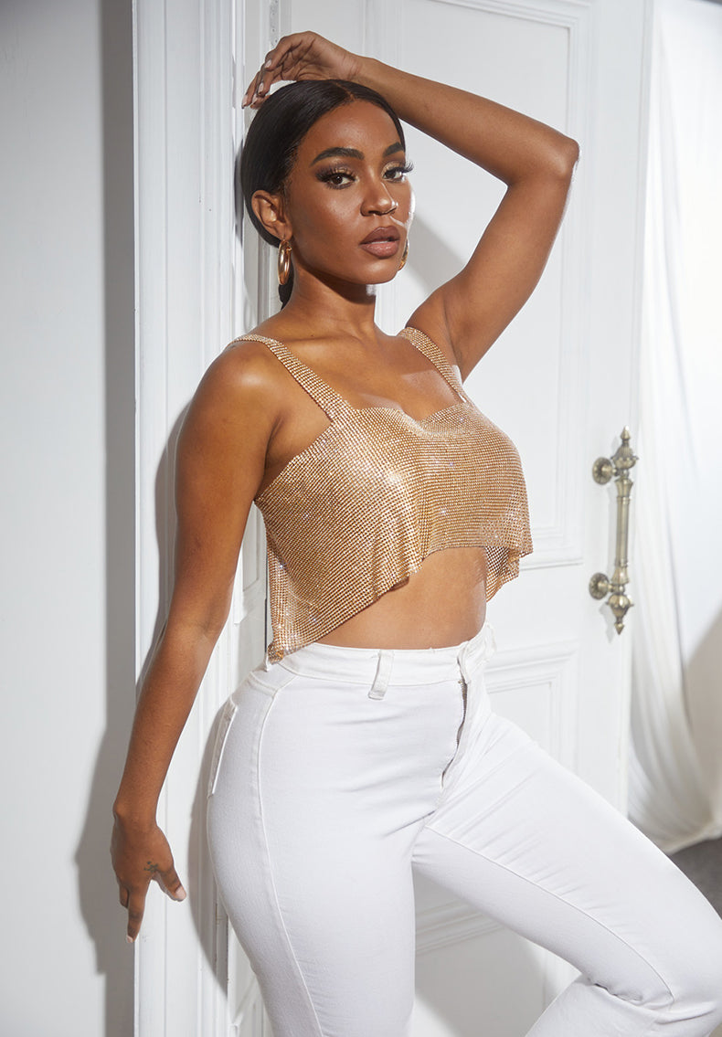 Nola Metal  Rhinestone Chain Strap Top In Gold - PDC