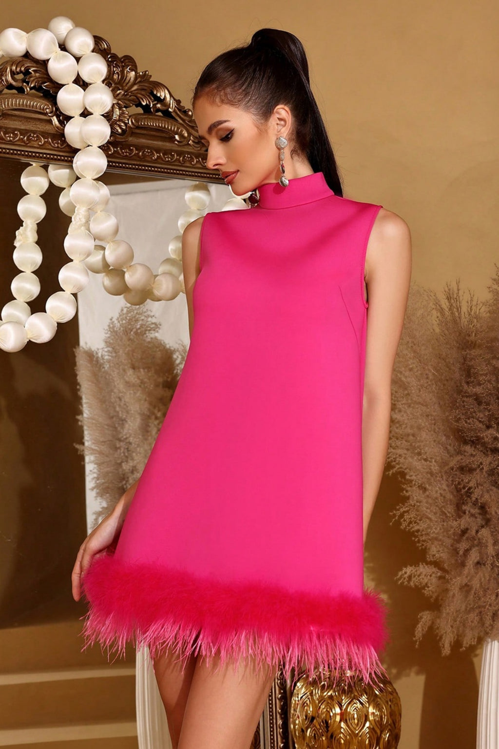 Bastian Fuchsia Feather A-Line Mini Dress