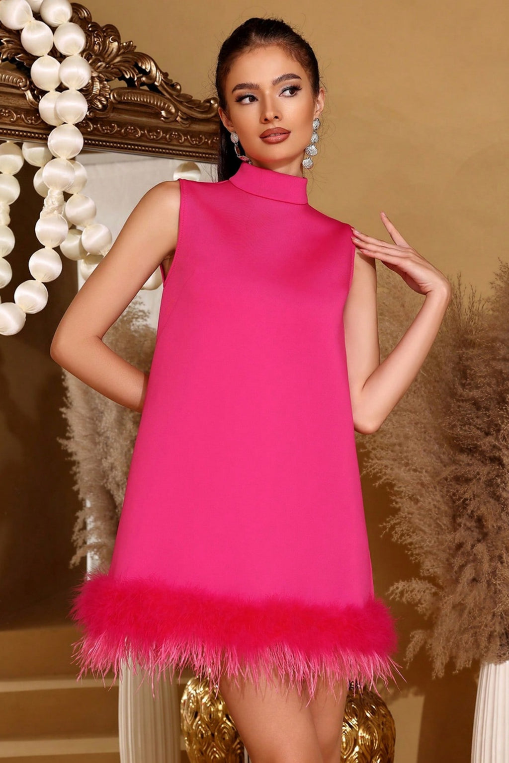 Bastian Fuchsia Feather A-Line Mini Dress
