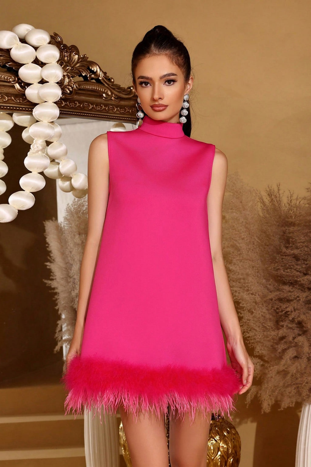 Bastian Fuchsia Feather A-Line Mini Dress
