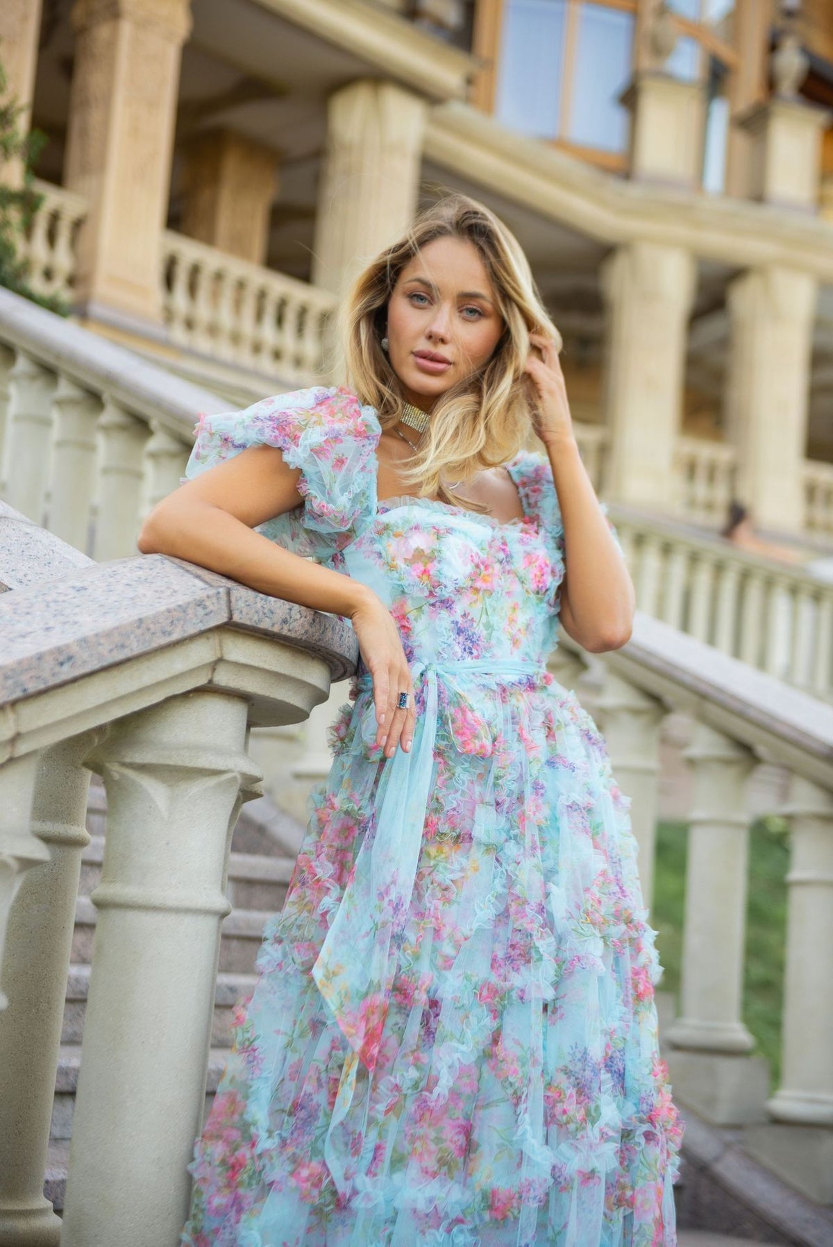 Sada Bubble Sleeve Mesh Floral Maxi Dress In Blue
