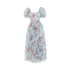 Sada Bubble Sleeve Mesh Floral Maxi Dress In Blue