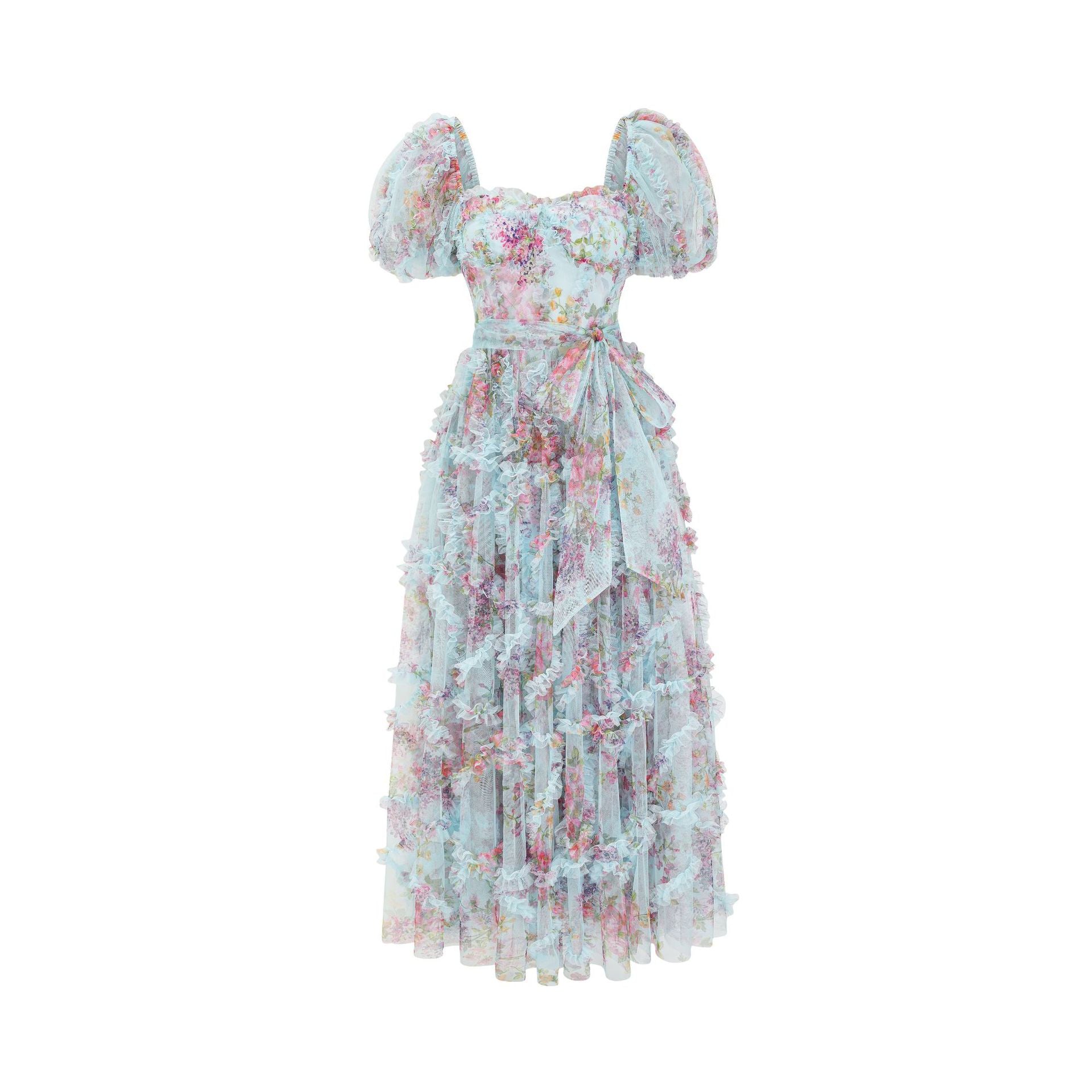 Sada Bubble Sleeve Mesh Floral Maxi Dress In Blue