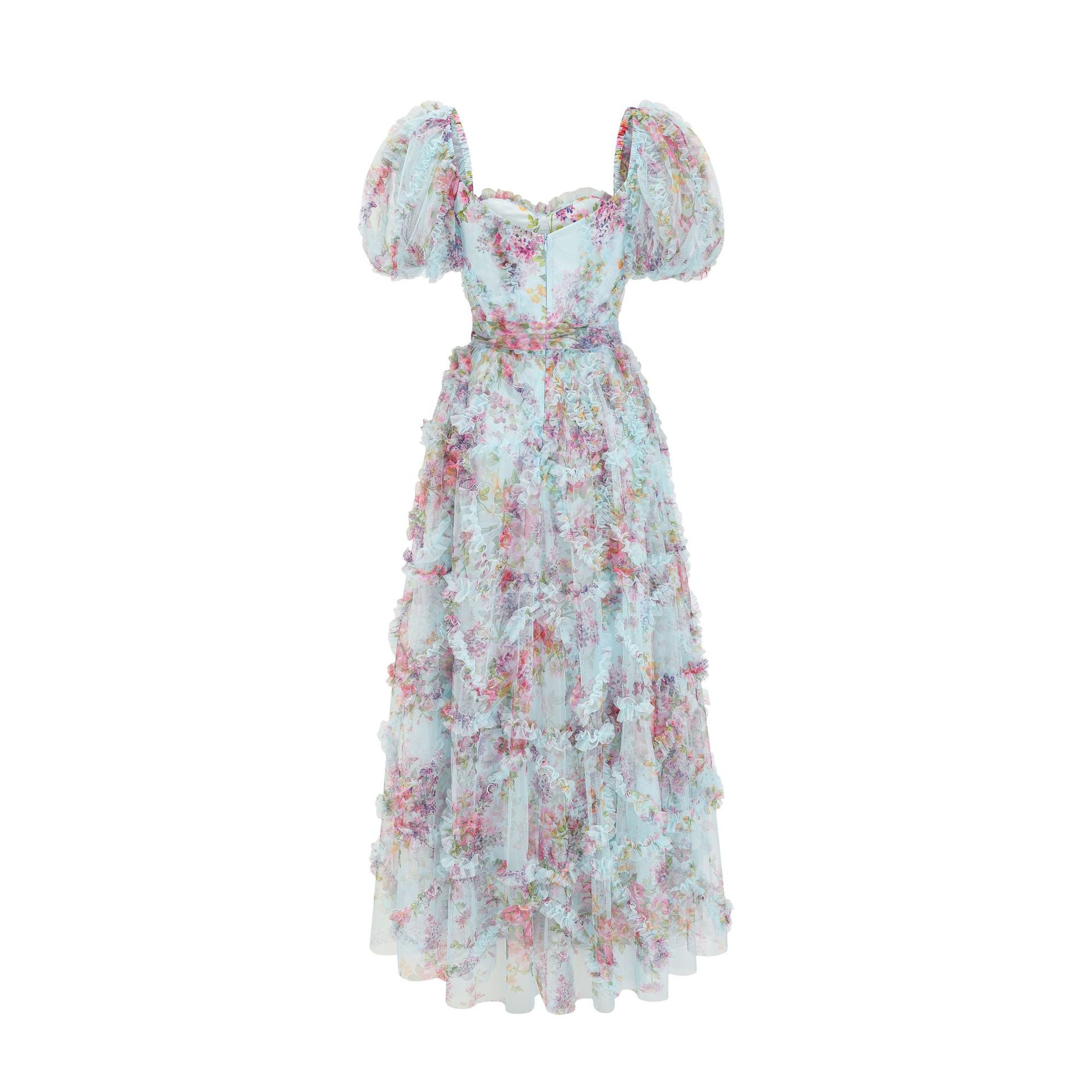 Sada Bubble Sleeve Mesh Floral Maxi Dress In Blue