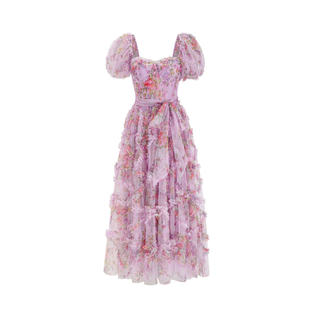 Sada Bubble Sleeve Mesh Floral Maxi Dress In Purple