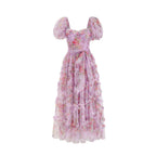 Sada Bubble Sleeve Mesh Floral Maxi Dress In Purple