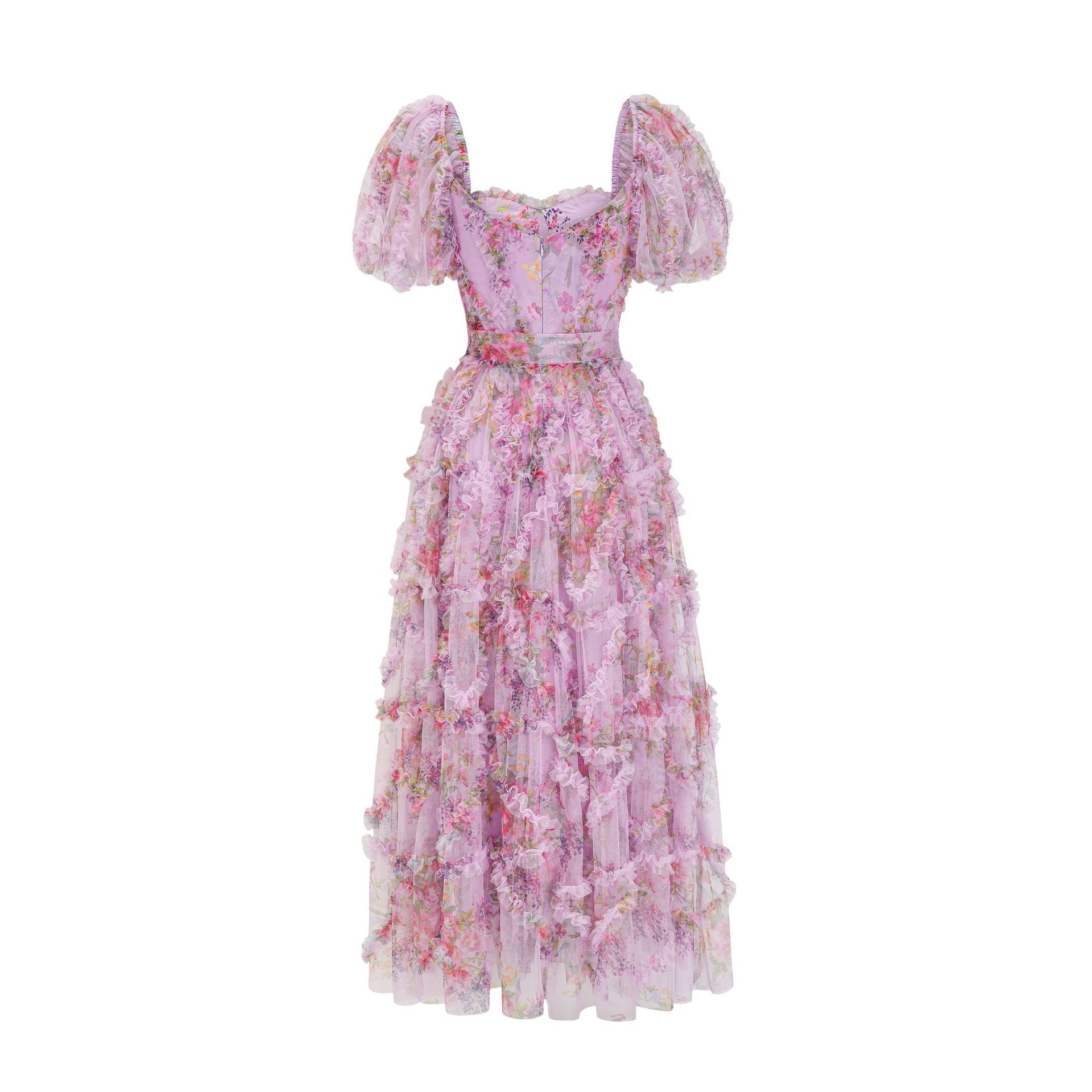 Sada Bubble Sleeve Mesh Floral Maxi Dress In Purple